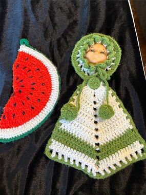 Handmade Green and Cream Crochet Doll Kitchen Towel Holder
